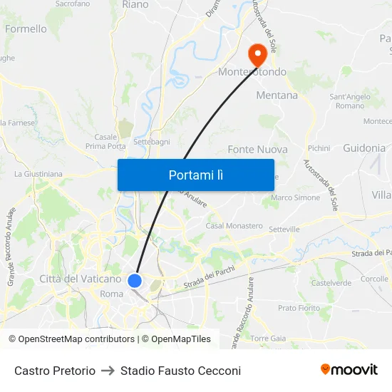 Castro Pretorio to Stadio Fausto Cecconi map