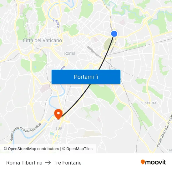 Roma Tiburtina to Tre Fontane map