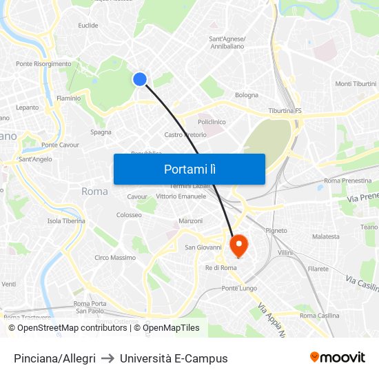 Pinciana/Allegri to Università E-Campus map