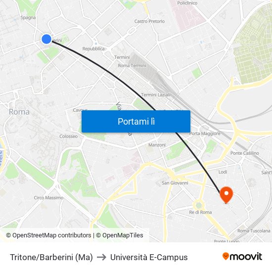 Tritone/Barberini (Ma) to Università E-Campus map