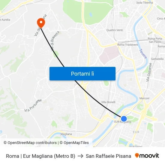 Roma | Eur Magliana (Metro B) to San Raffaele Pisana map