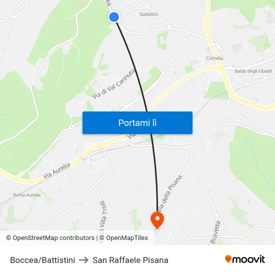 Boccea/Battistini to San Raffaele Pisana map