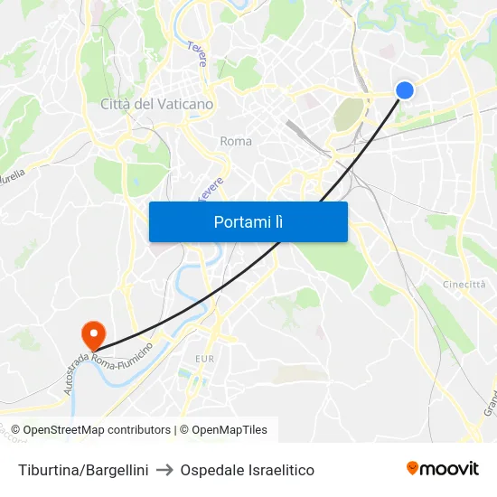 Tiburtina/Bargellini to Ospedale Israelitico map