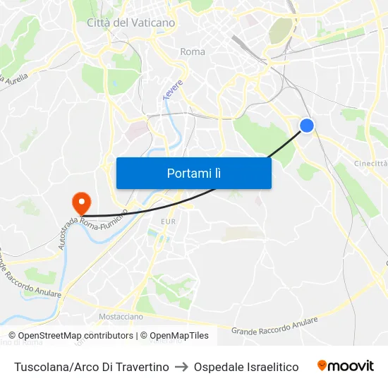 Tuscolana/Arco Di Travertino to Ospedale Israelitico map