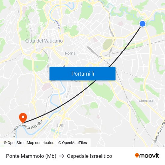 Ponte Mammolo (Mb) to Ospedale Israelitico map