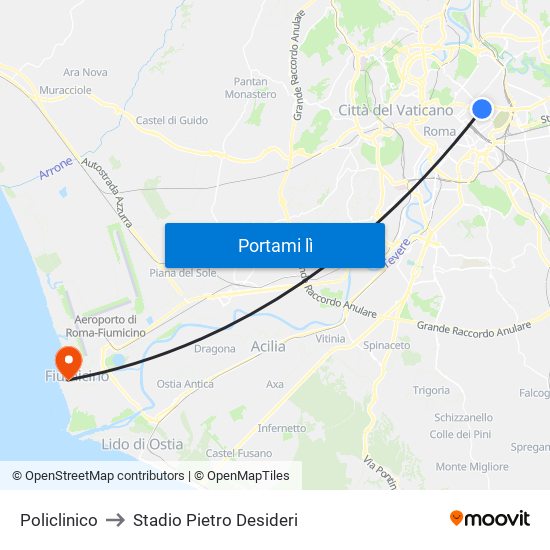 Policlinico to Stadio Pietro Desideri map