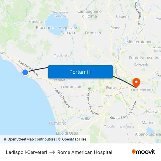 Ladispoli-Cerveteri to Rome American Hospital map