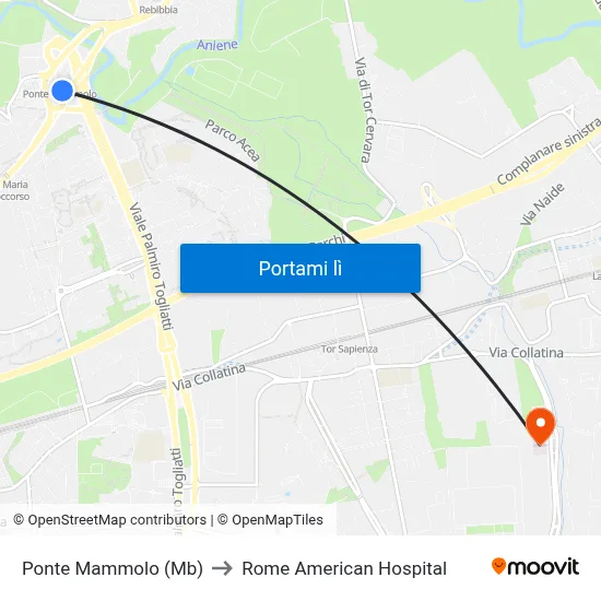 Ponte Mammolo (Mb) to Rome American Hospital map