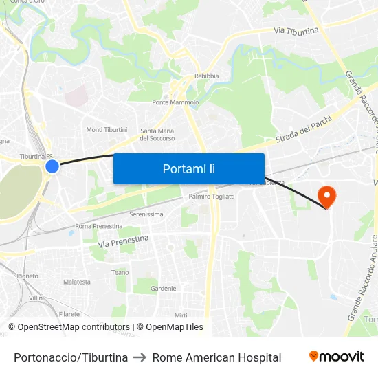 Portonaccio/Tiburtina to Rome American Hospital map