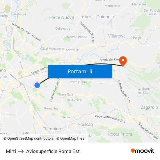 Mirti to Aviosuperficie Roma Est map