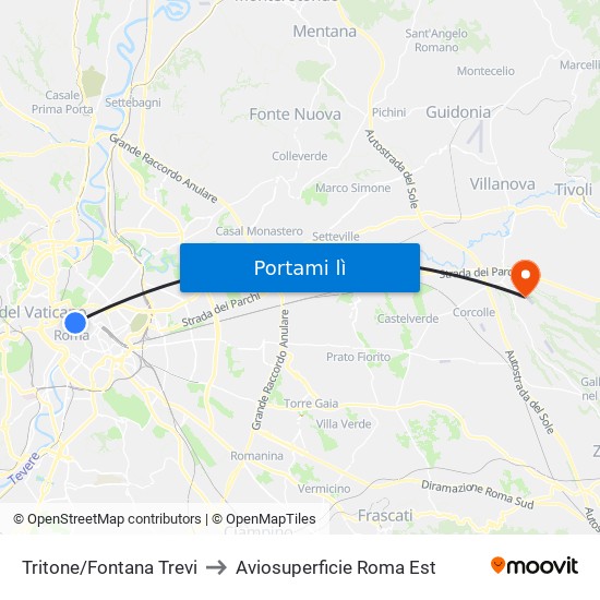 Tritone/Fontana Trevi to Aviosuperficie Roma Est map