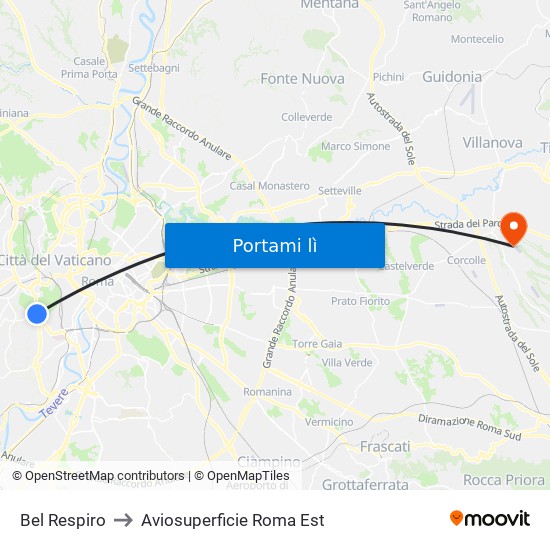 Bel Respiro to Aviosuperficie Roma Est map