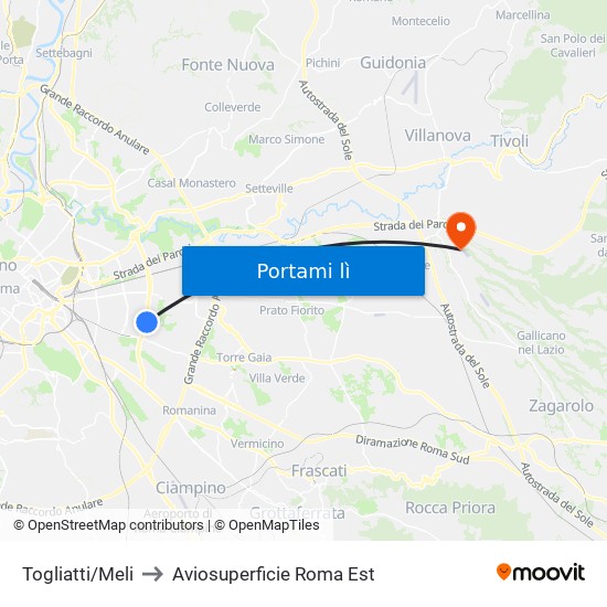 Togliatti/Meli to Aviosuperficie Roma Est map
