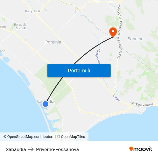 Sabaudia to Priverno-Fossanova map