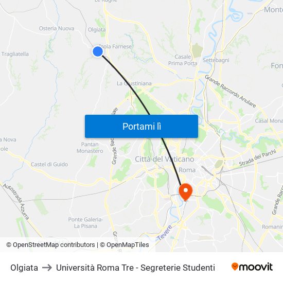 Olgiata to Università Roma Tre - Segreterie Studenti map