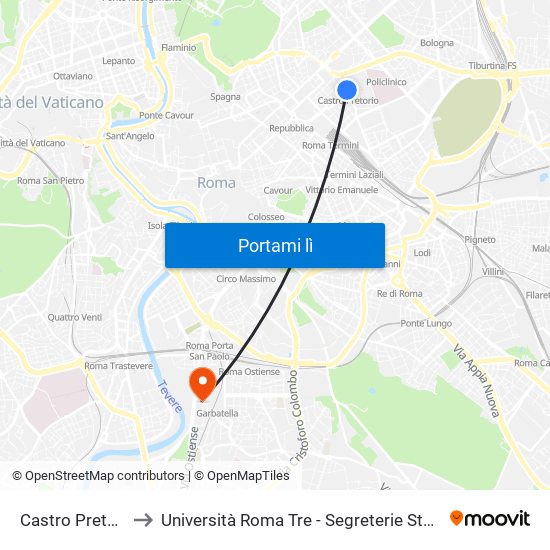 Castro Pretorio to Università Roma Tre - Segreterie Studenti map