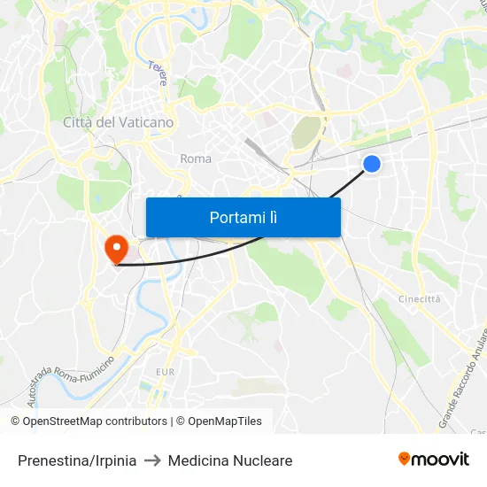 Prenestina/Irpinia to Medicina Nucleare map