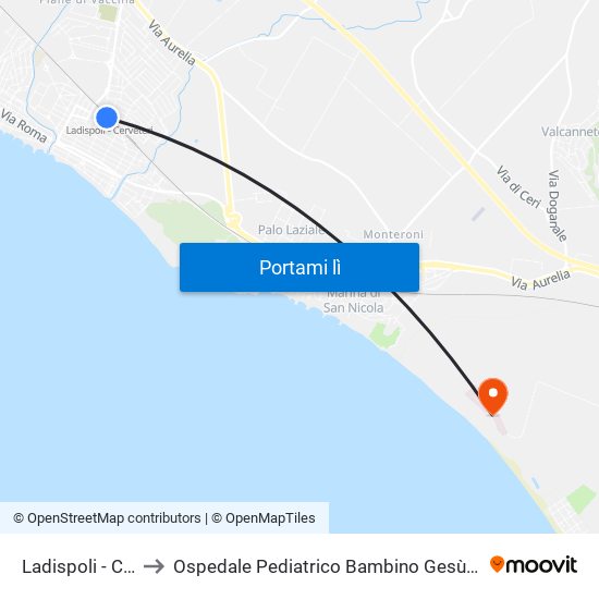 Ladispoli - Cerveteri to Ospedale Pediatrico Bambino Gesù - Sede Di Palidoro map