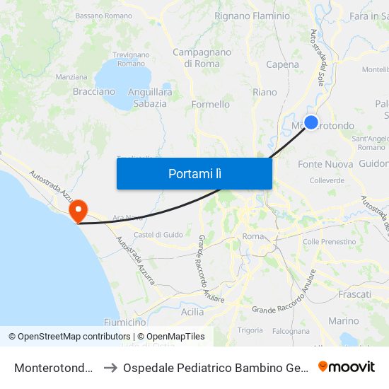 Monterotondo-Mentana to Ospedale Pediatrico Bambino Gesù - Sede Di Palidoro map