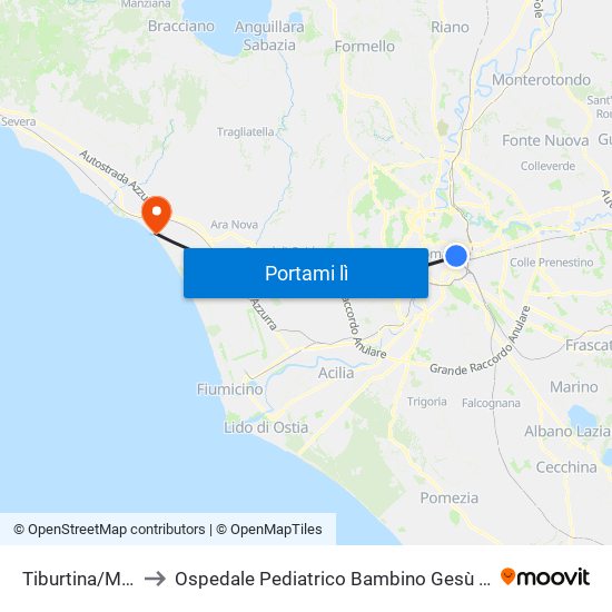 Tiburtina/Marrucini to Ospedale Pediatrico Bambino Gesù - Sede Di Palidoro map