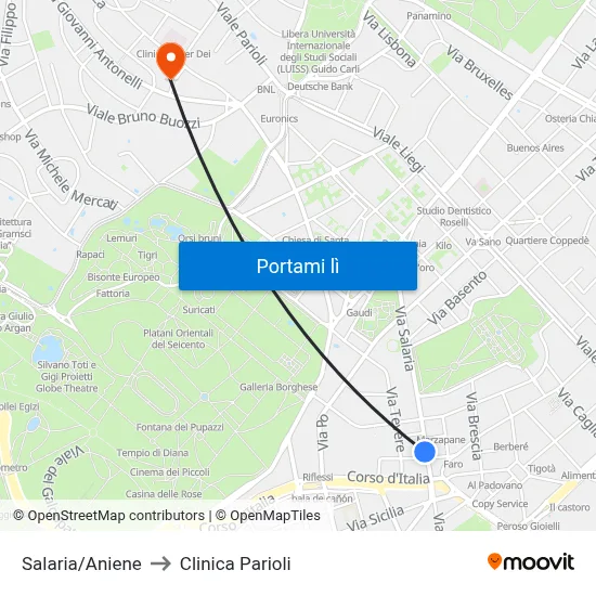Salaria/Aniene to Clinica Parioli map