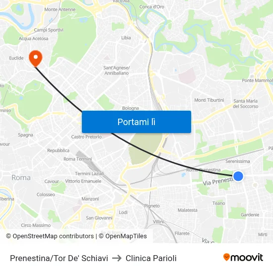Prenestina/Tor De' Schiavi to Clinica Parioli map