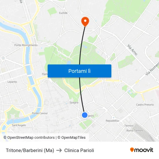Tritone/Barberini (Ma) to Clinica Parioli map
