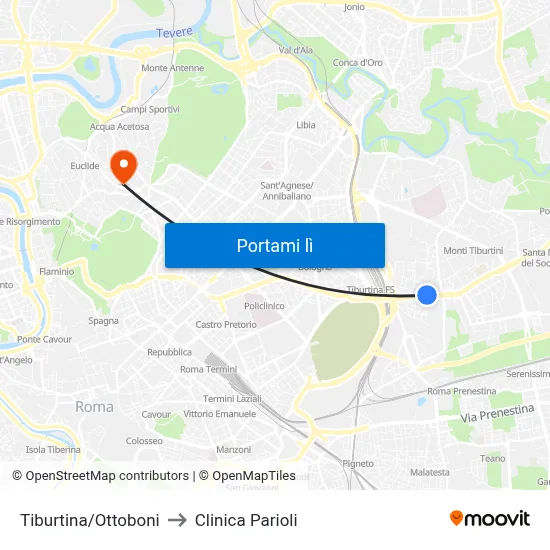Tiburtina/Ottoboni to Clinica Parioli map
