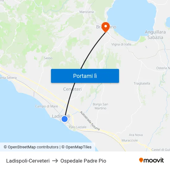 Ladispoli-Cerveteri to Ospedale Padre Pio map