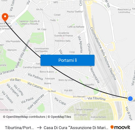 Tiburtina/Portonaccio to Casa Di Cura ""Assunzione Di Maria Santissima"" map