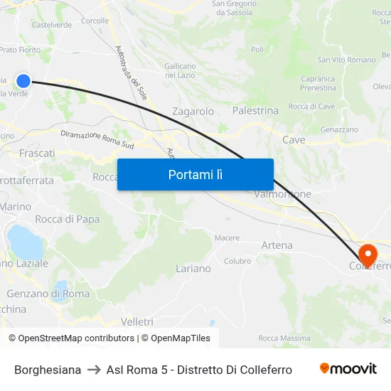 Borghesiana to Asl Roma 5 - Distretto Di Colleferro map