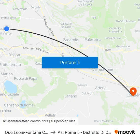 Due Leoni-Fontana Candida to Asl Roma 5 - Distretto Di Colleferro map