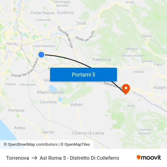Torrenova to Asl Roma 5 - Distretto Di Colleferro map