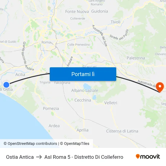 Ostia Antica to Asl Roma 5 - Distretto Di Colleferro map