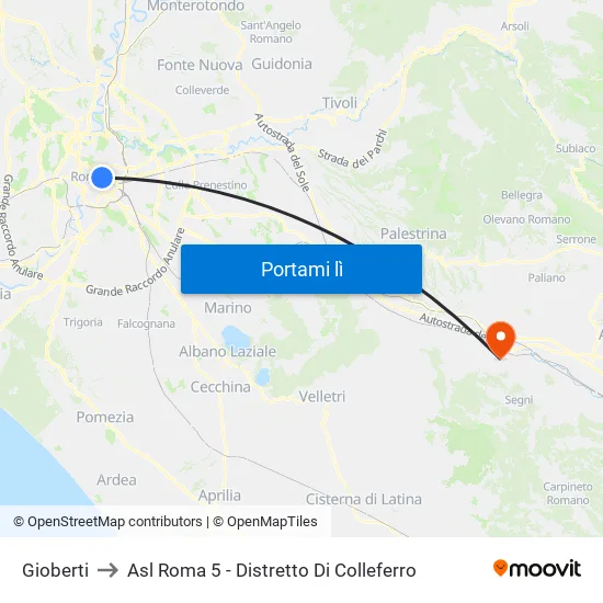 Gioberti to Asl Roma 5 - Distretto Di Colleferro map