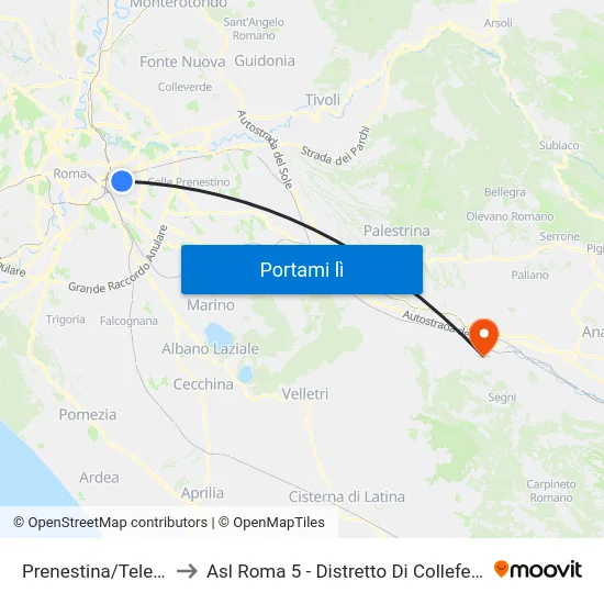 Prenestina/Telese to Asl Roma 5 - Distretto Di Colleferro map