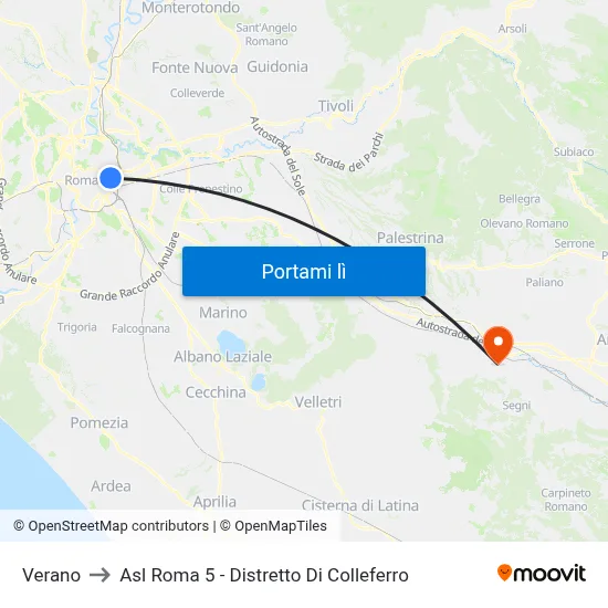 Verano to Asl Roma 5 - Distretto Di Colleferro map