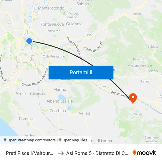 Prati Fiscali/Valtournanche to Asl Roma 5 - Distretto Di Colleferro map