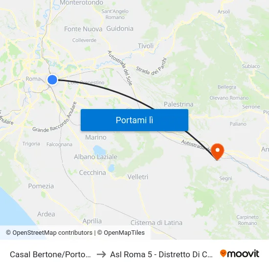 Casal Bertone/Portonaccio to Asl Roma 5 - Distretto Di Colleferro map