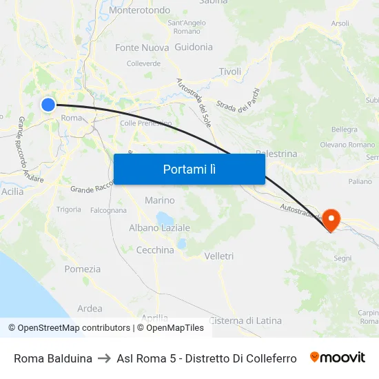 Roma Balduina to Asl Roma 5 - Distretto Di Colleferro map