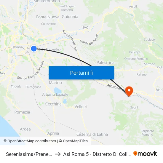 Serenissima/Prenestina to Asl Roma 5 - Distretto Di Colleferro map