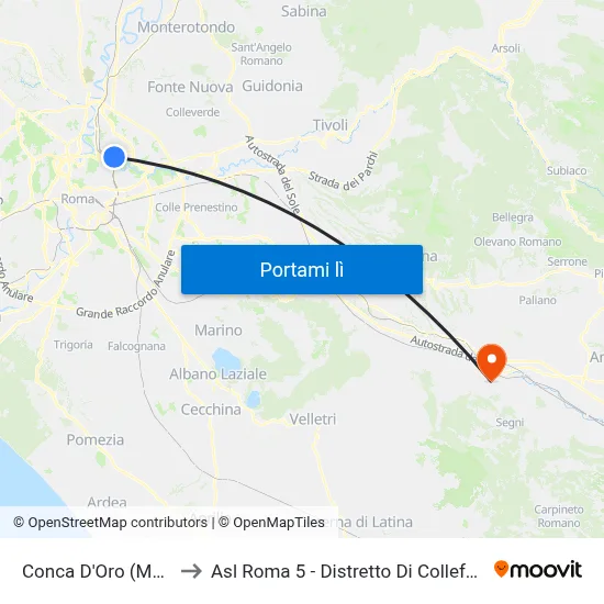 Conca D'Oro (Mb1) to Asl Roma 5 - Distretto Di Colleferro map