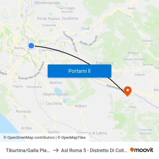 Tiburtina/Galla Placidia to Asl Roma 5 - Distretto Di Colleferro map