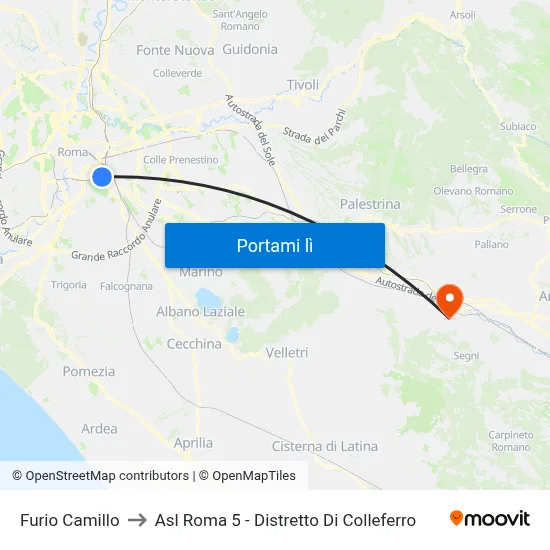 Furio Camillo to Asl Roma 5 - Distretto Di Colleferro map