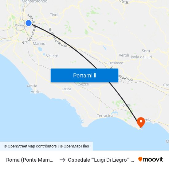 Roma (Ponte Mammolo) to Ospedale ""Luigi Di Liegro"" Gaeta map