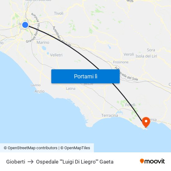 Gioberti to Ospedale ""Luigi Di Liegro"" Gaeta map