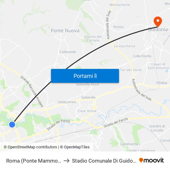 Roma (Ponte Mammolo) to Stadio Comunale Di Guidonia map