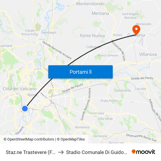 Staz.ne Trastevere (Fs) to Stadio Comunale Di Guidonia map