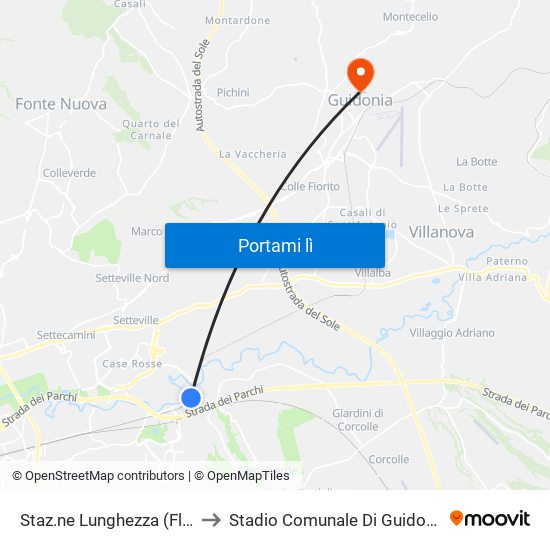 Staz.ne Lunghezza (Fl2) to Stadio Comunale Di Guidonia map