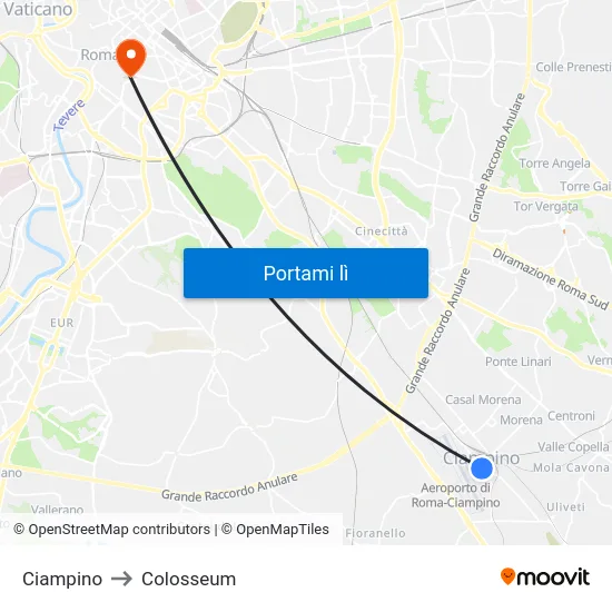 Ciampino to Colosseum map